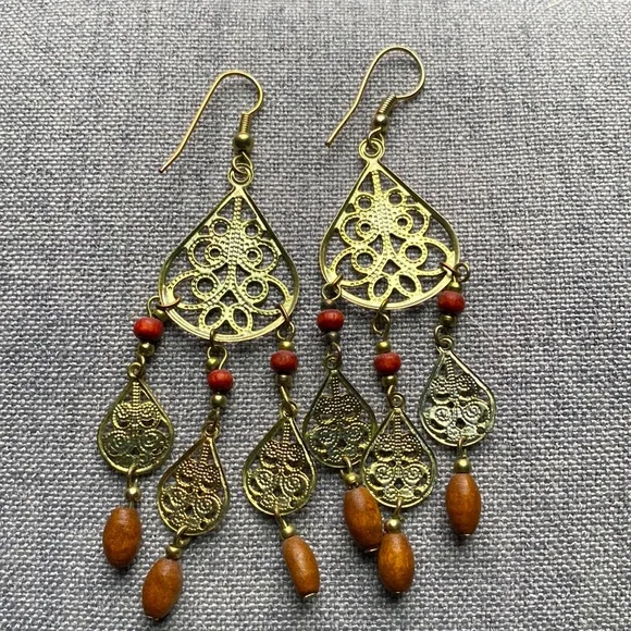 Boho Dangling Earrings with Wooden Beads - Picture 3 of 3